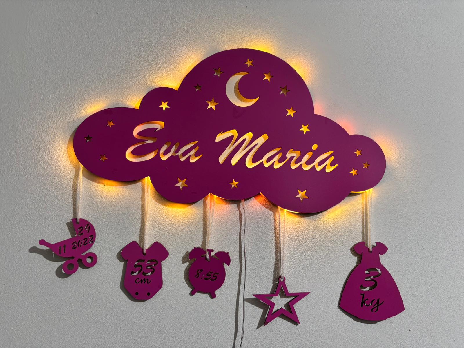 Lampă de veghe personalizată – model norisor cu LED și date naștere