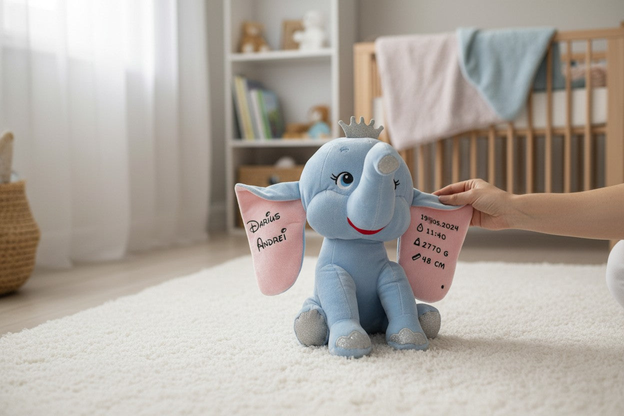 Elefant de Pluș Personalizat cu Nume – Coronită Argintie, 32cm (Roz/Albastru)