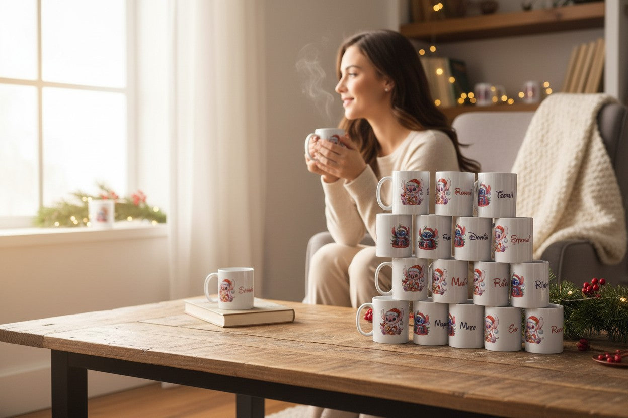 Cană personalizată de Crăciun cu poză, mesaj și personaj – cadoul ideal de sărbători