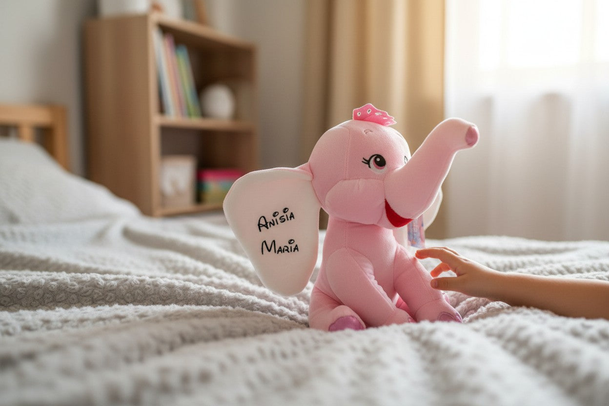 Elefant de Pluș Personalizat cu Nume – Coronită Argintie, 32cm (Roz/Albastru)