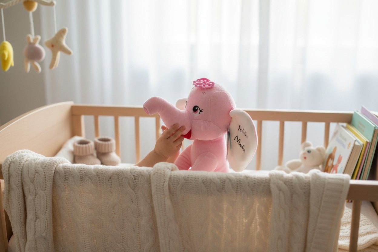 Elefant de Pluș Personalizat cu Nume – Coronită Argintie, 32cm (Roz/Albastru)