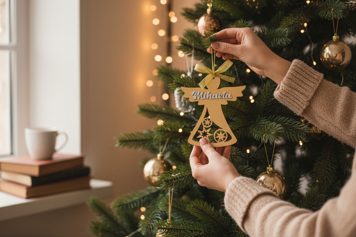 Îngeraș din lemn auriu, personalizat cu nume – 10 x 10 cm