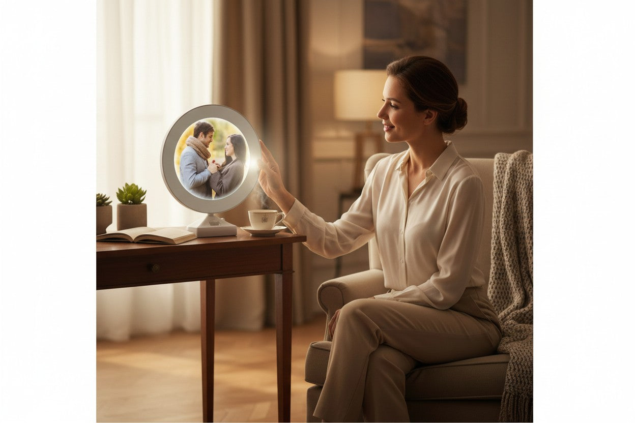 Oglindă magică rotundă cu LED – imagine personalizabilă