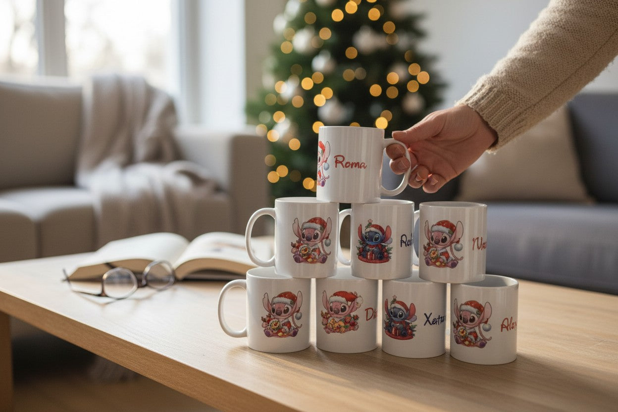 Cană personalizată de Crăciun cu poză, mesaj și personaj – cadoul ideal de sărbători