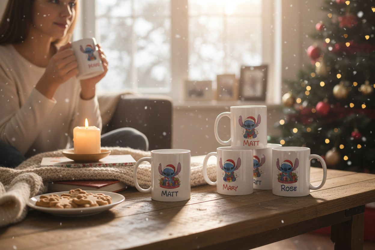 Cană personalizată de Crăciun cu poză, mesaj și personaj – cadoul ideal de sărbători