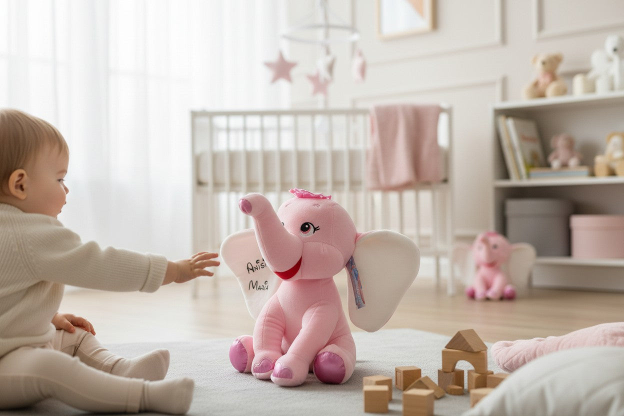 Elefant de Pluș Personalizat cu Nume – Coronită Argintie, 32cm (Roz/Albastru)