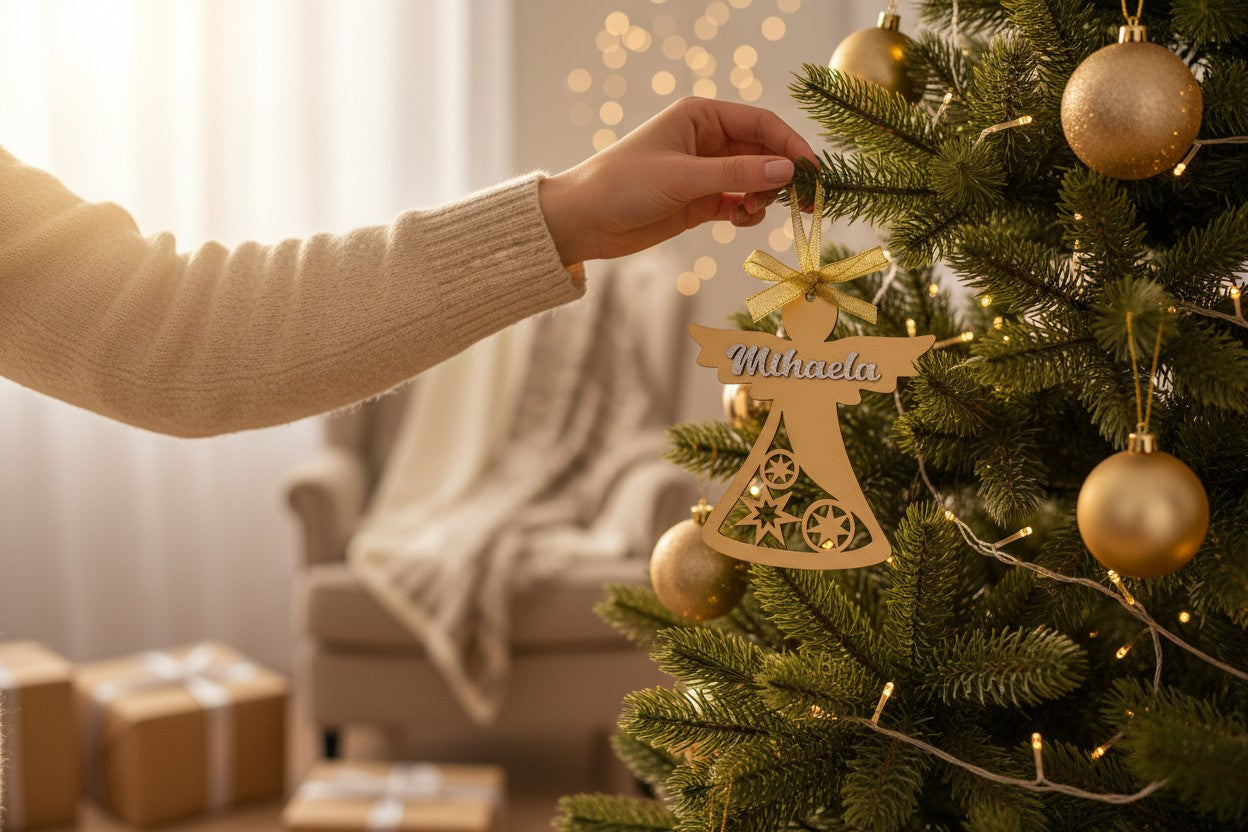 Îngeraș din lemn auriu, personalizat cu nume – 10 x 10 cm