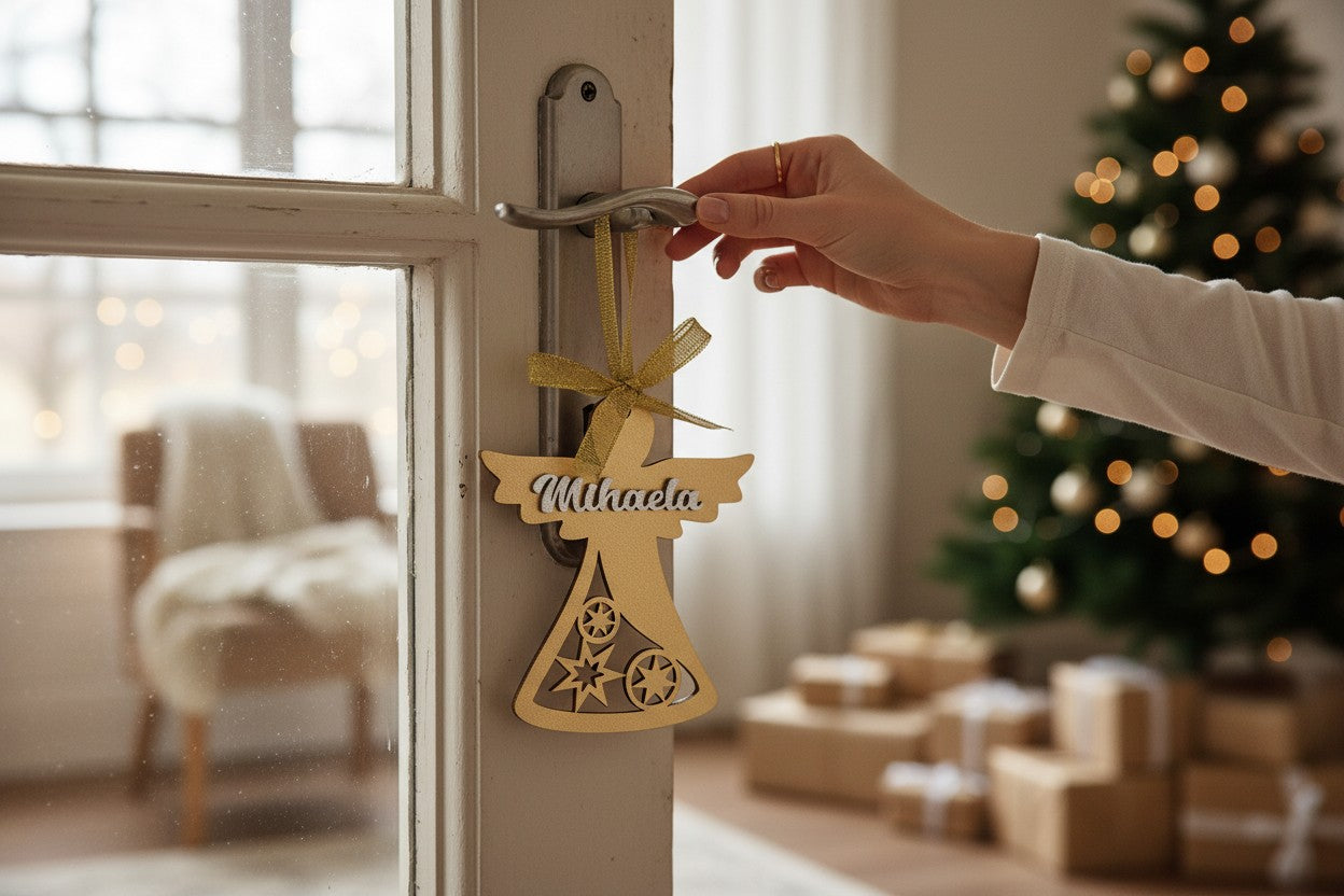 Îngeraș din lemn auriu, personalizat cu nume – 10 x 10 cm