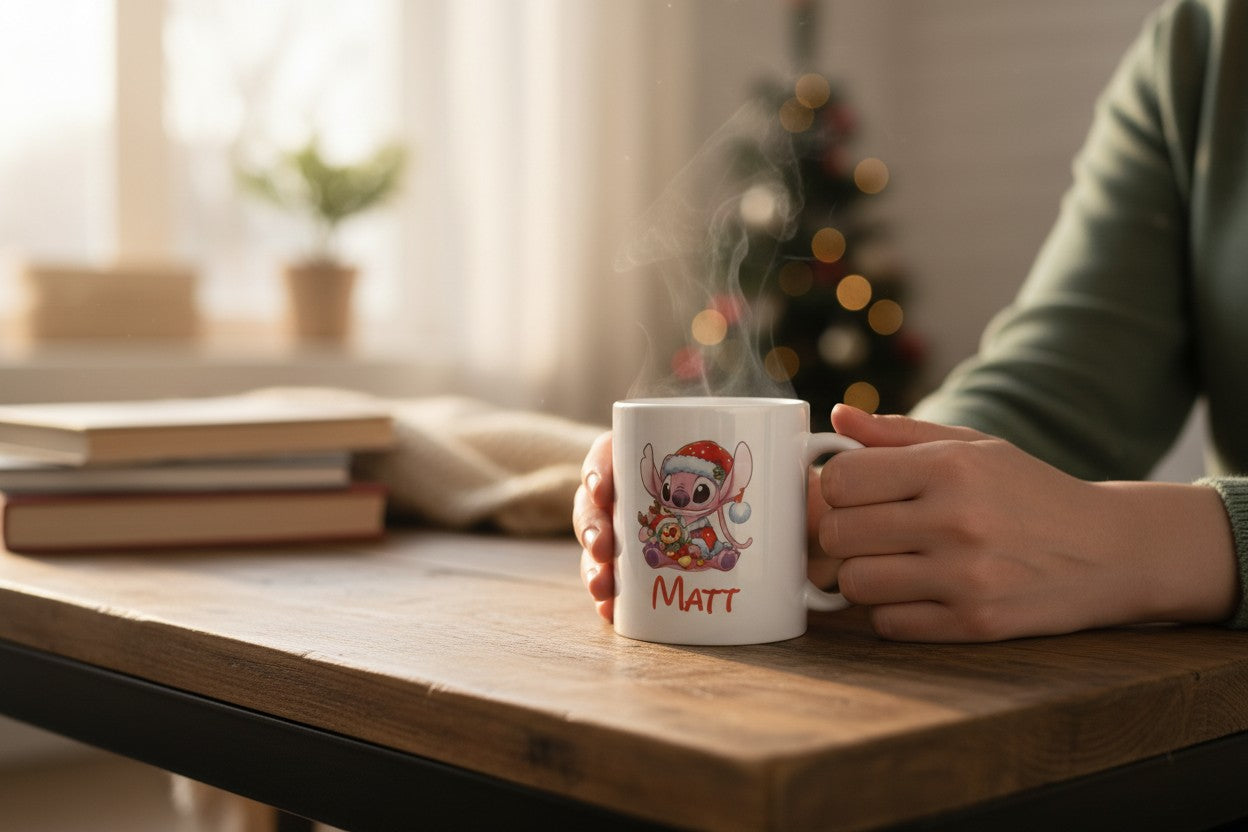 Cană personalizată de Crăciun cu poză, mesaj și personaj – cadoul ideal de sărbători