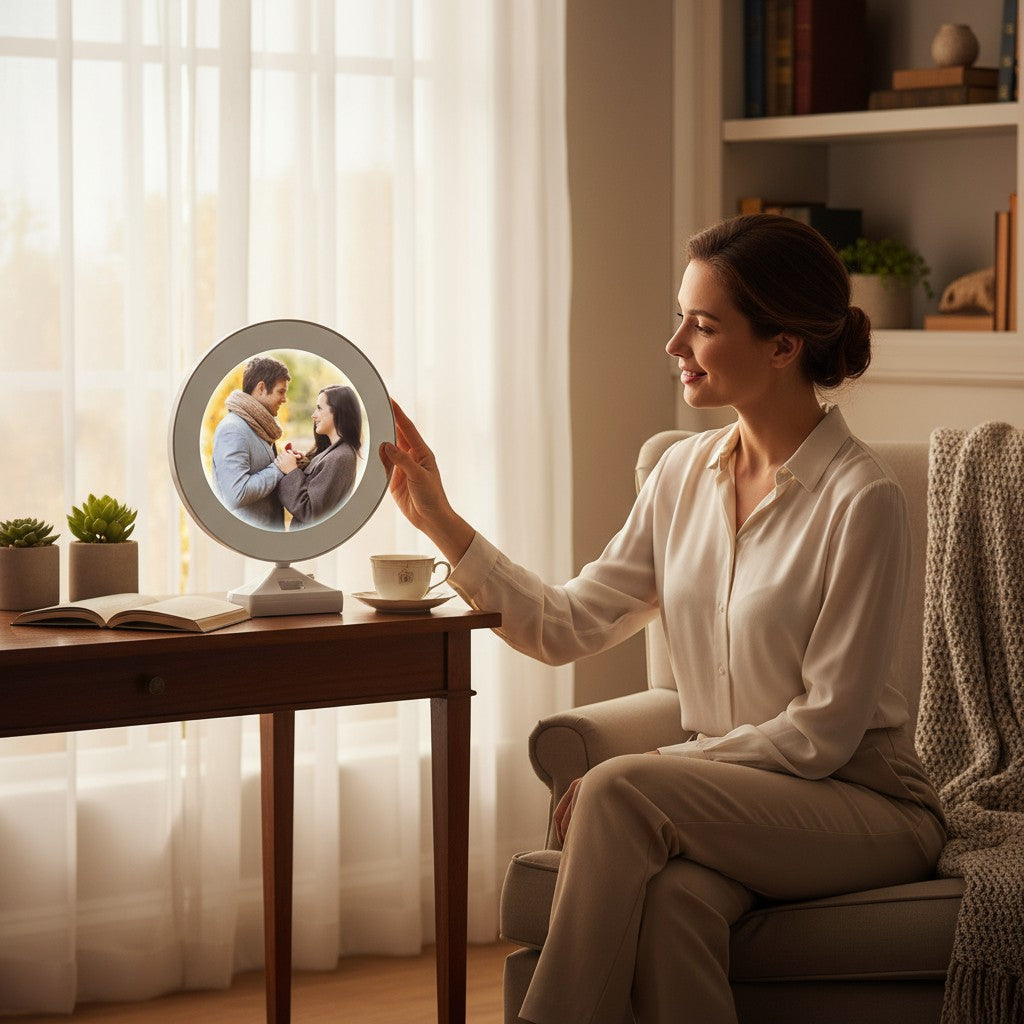 Oglindă magică rotundă cu LED – imagine personalizabilă