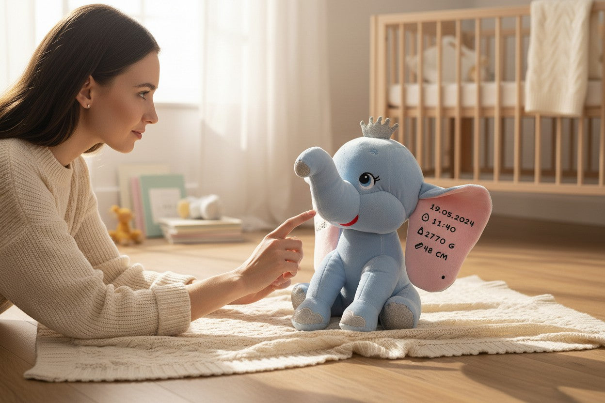 Elefant de Pluș Personalizat cu Nume – Coronită Argintie, 32cm (Roz/Albastru)