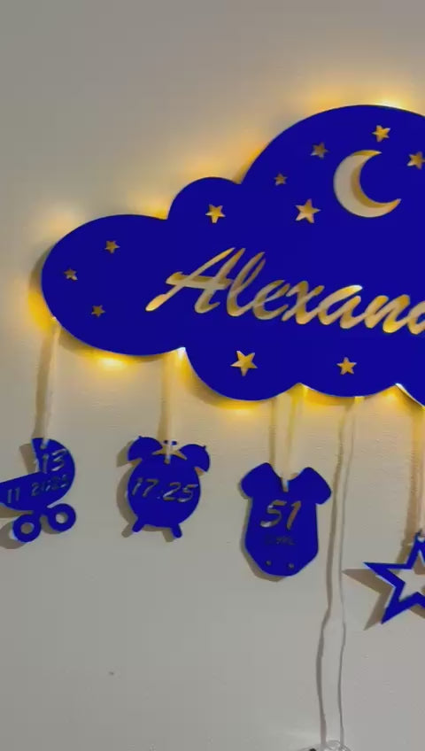 Lampă de veghe personalizată – model norisor cu LED și date naștere